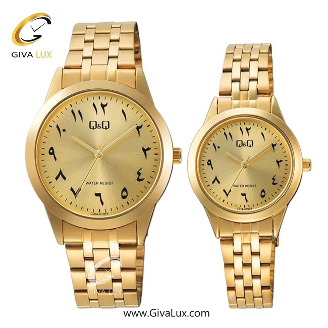 ساعت مچی اورجینال ست کیو اند کیو Q&Q طلایی | طلایی| طلایی| کد رفرنس مردانه: C00A-013PY، زنانه: C01A-009PY